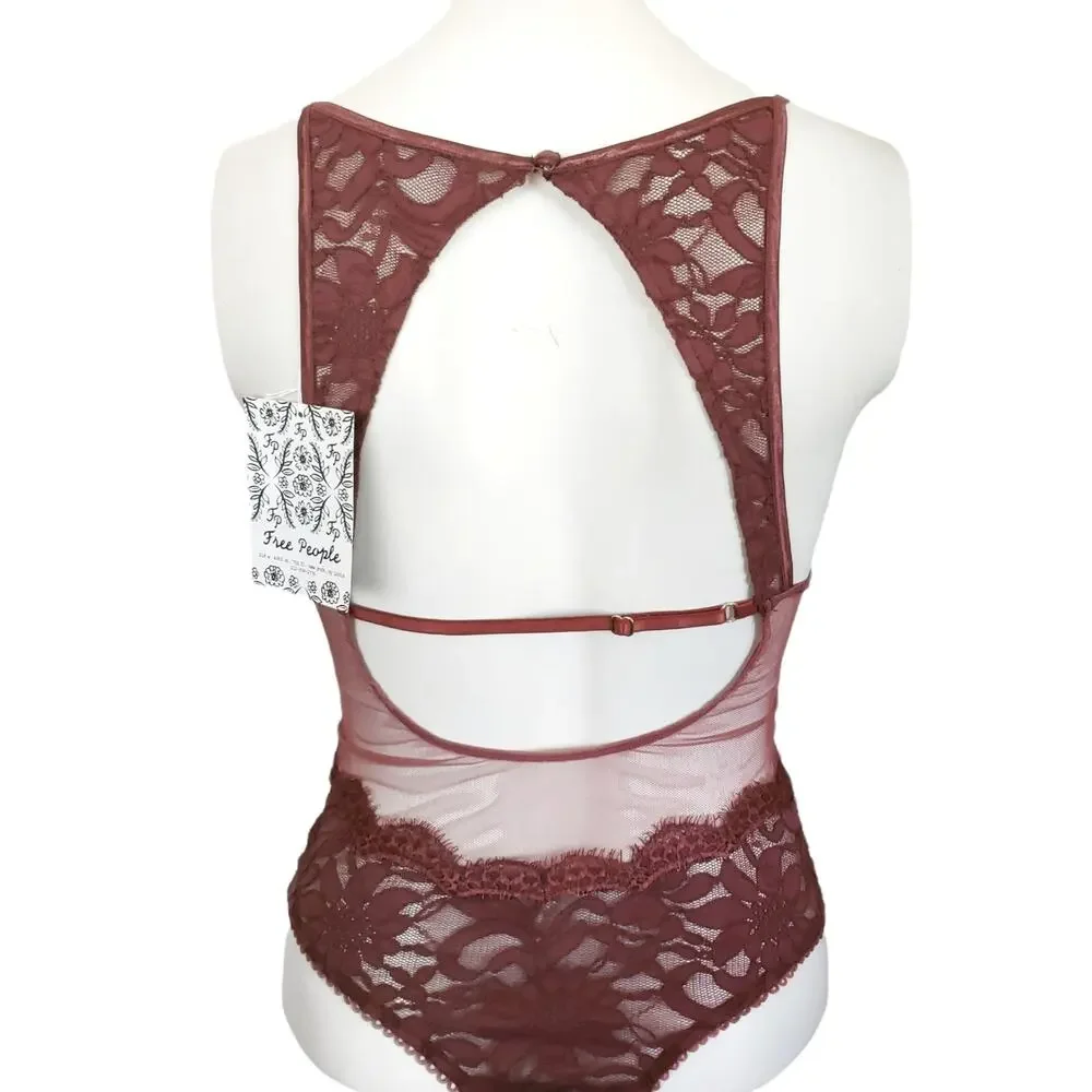 FREE PEOPLE bodysuit Speed Date open back sheer floral lace garnet royal XS NEW - Picture 3 of 8